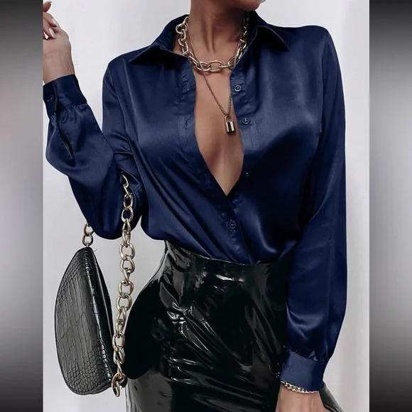 Luxe Stain Button Down Up Shirt Top Blouse Work Office Navy Blue - Picture 1 of 6